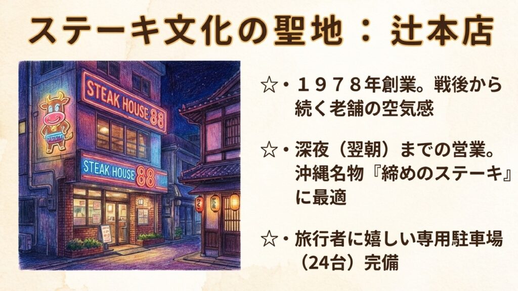 深夜営業も行う老舗、ステーキハウス88辻本店の外観