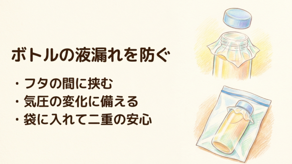 トラベルボトルの口にラップを挟んで液漏れを防止する手順の解説