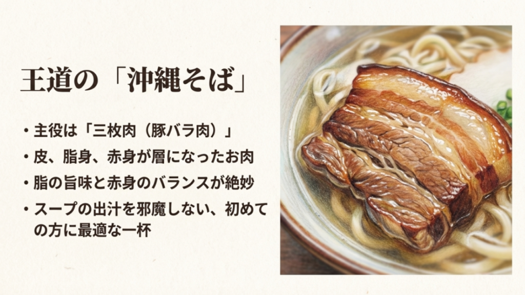皮、脂身、赤身が層になった三枚肉が乗った王道の沖縄そば