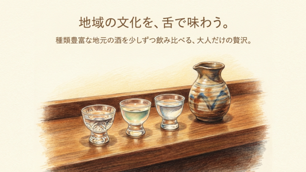 種類豊富な地元の酒を少しずつ飲み比べる大人だけの贅沢な時間を表現したイラスト。