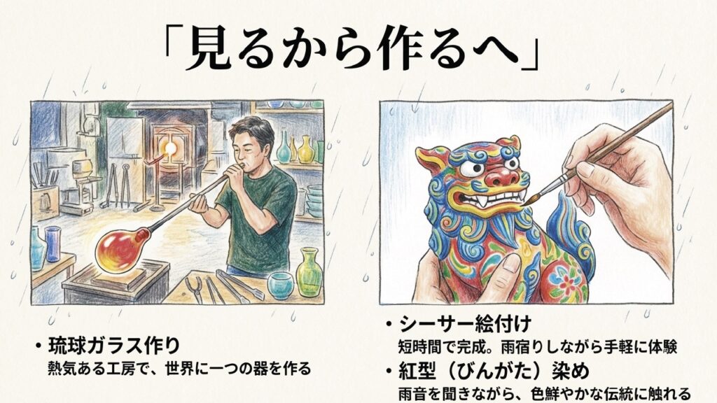 琉球ガラス作りやシーサー絵付けなど、沖縄の室内体験アクティビティ