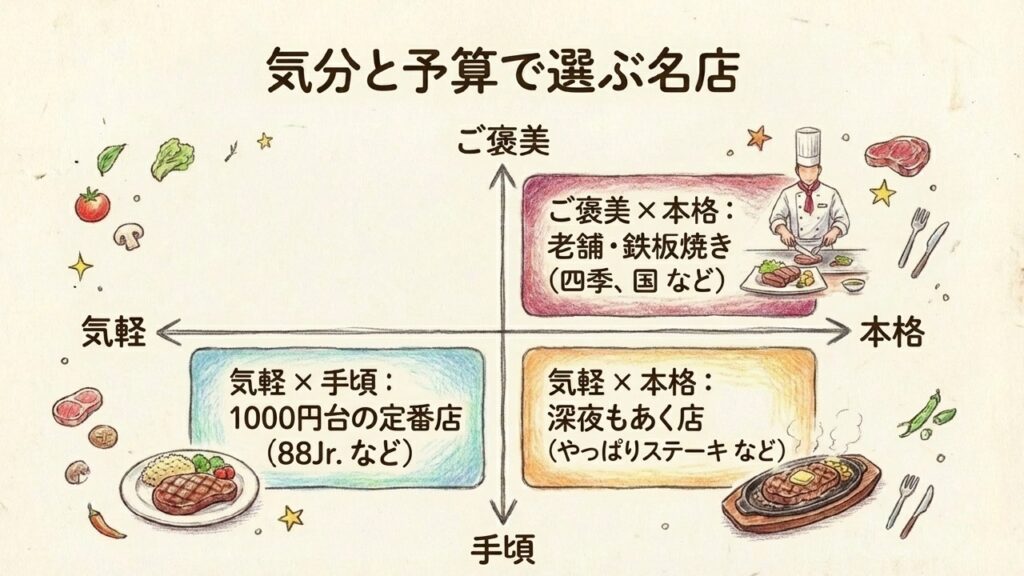 安さの理由は?沖縄市でステーキが安い名店と失敗しない選び方 2 沖縄市のステーキ店選びマトリックス:気軽・ご褒美・本格・手頃