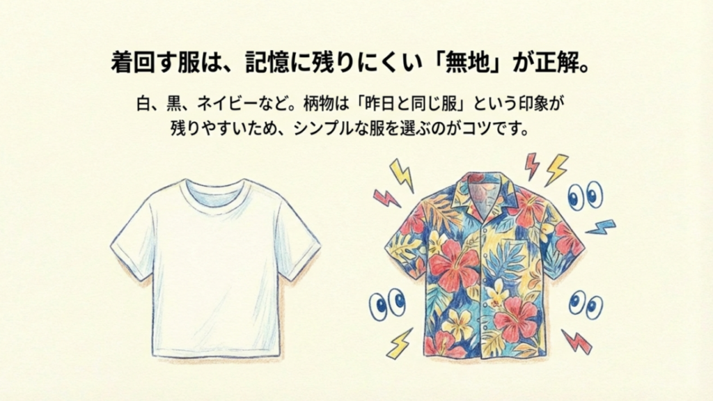 着回す服は記憶に残りにくい無地が正解というコツの解説