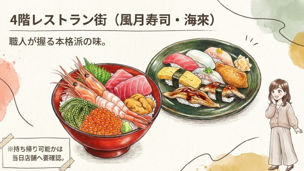4階レストラン街の本格寿司 4階レストラン街にある風月寿司・海來の本格お寿司