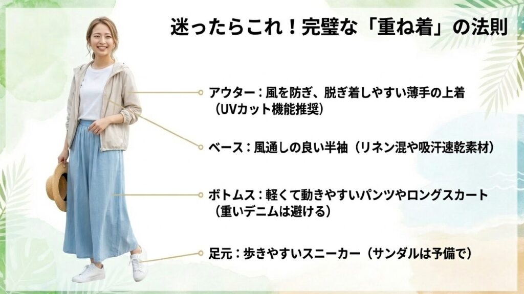 沖縄旅行のアウター・ベース・ボトムス選び 4月の沖縄旅行に完璧な重ね着の法則