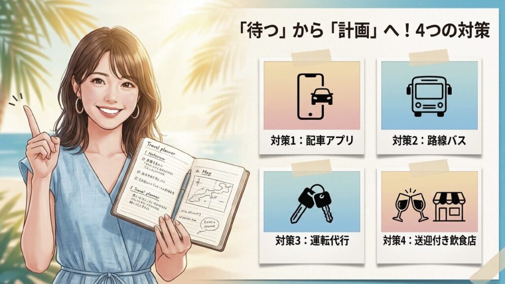 恩納村でタクシーが捕まらない理由と対策まとめ 6 恩納村でのタクシー難民を防ぐ4つの対策(配車アプリ、バス、運転代行、送迎付き飲食店)
