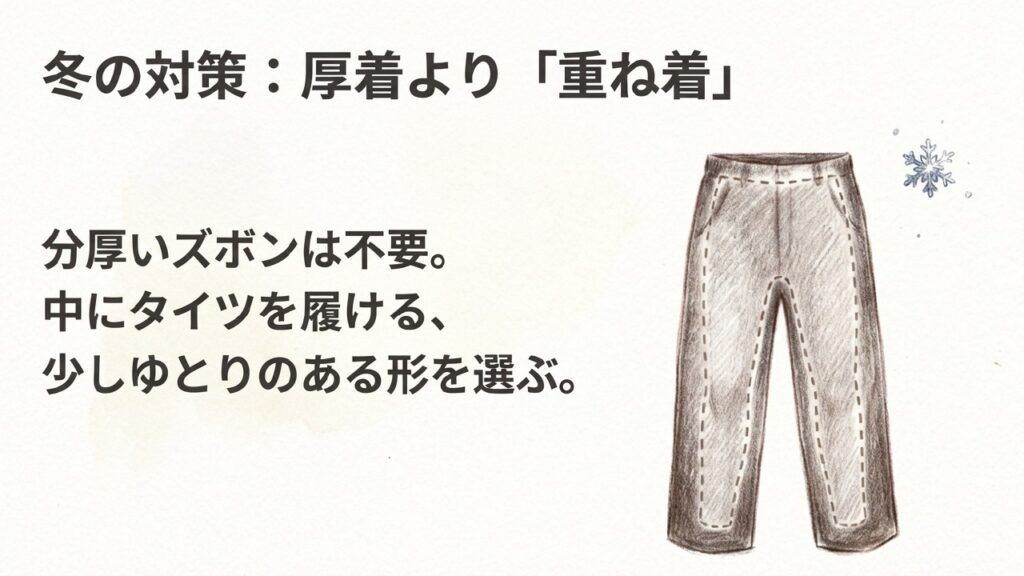 ズボンの下にタイツやインナーを履ける少しゆとりのあるシルエット