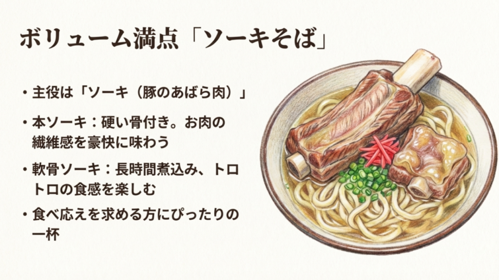 本ソーキと軟骨ソーキが乗ったボリューム満点のソーキそば