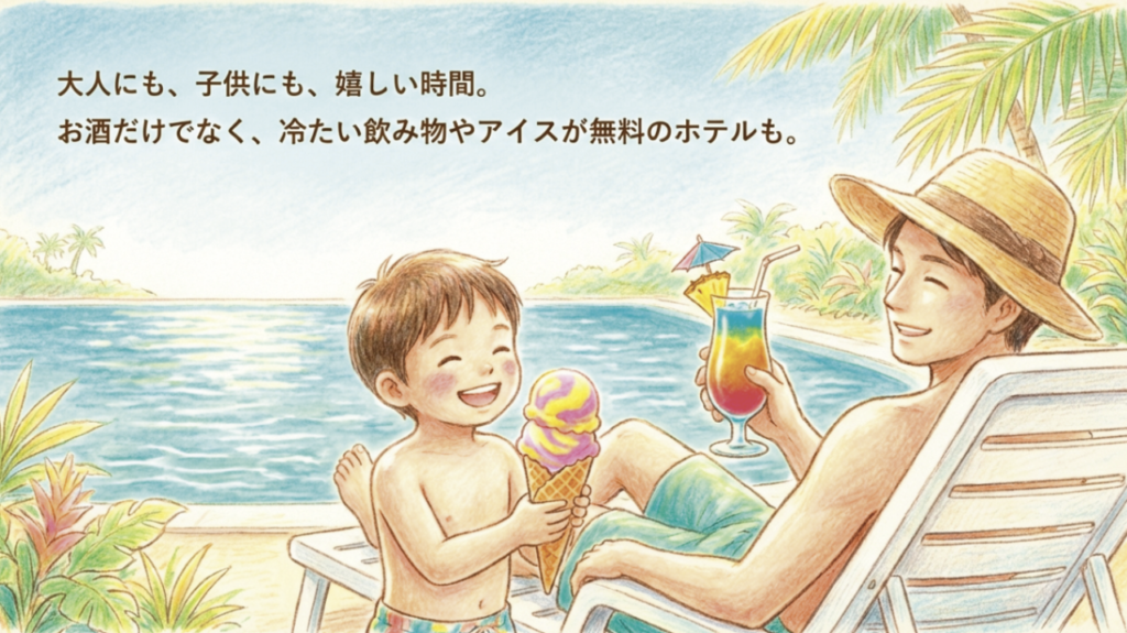 プールの横で子供がアイス、大人がカクテルを楽しんでいる幸せな家族の風景。