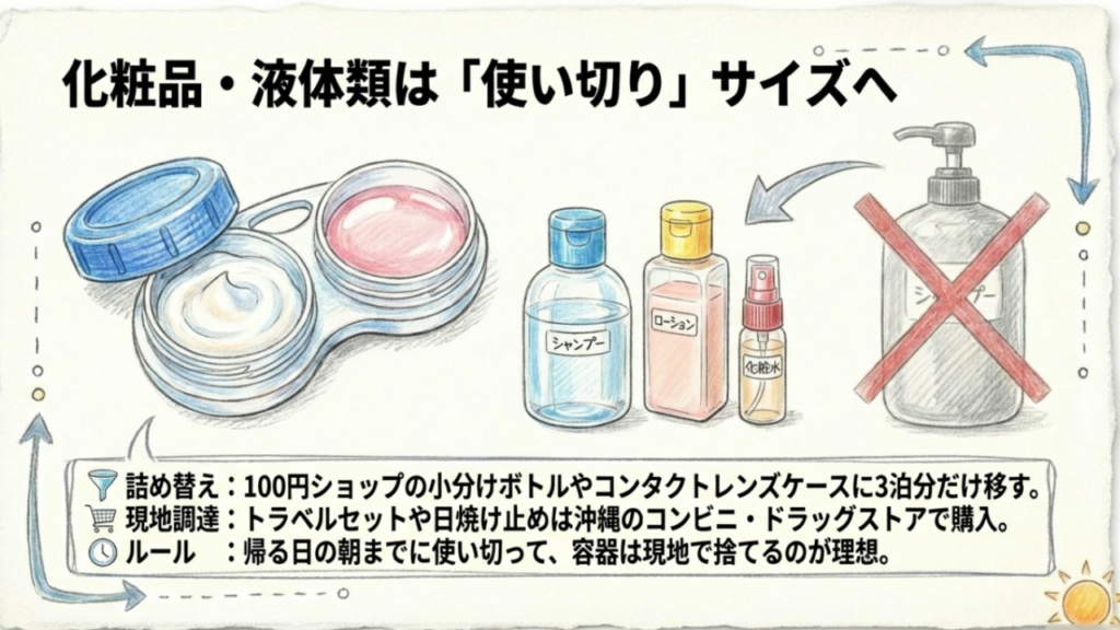 旅行用化粧品の小分けボトルへの詰め替えと現地調達