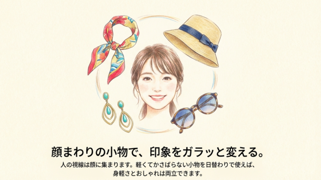 顔まわりの小物で印象をガラッと変えるファッションテクニック