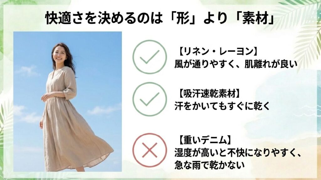 沖縄の湿度に負けない服の素材選び 快適さを決めるリネンや吸汗速乾などの素材選び