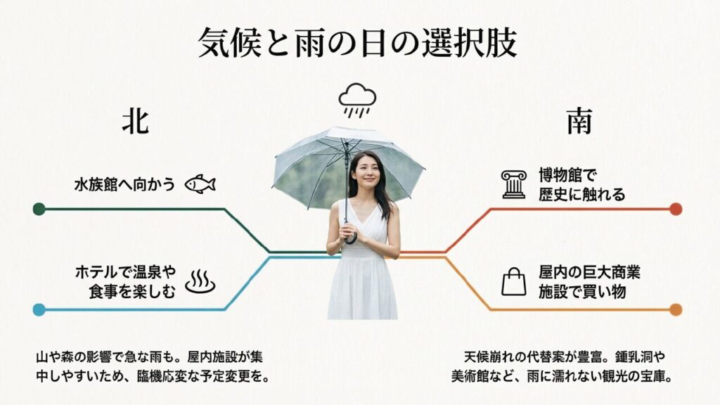 ゆったり連泊できる大型リゾート（北部）と選択肢が多彩な都市型ホテル（南部）