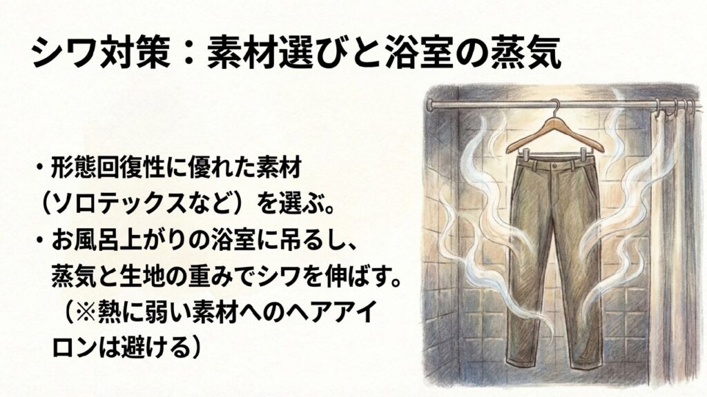 ホテルの浴室の蒸気を利用してハンガーにかけたズボンのシワを伸ばす方法