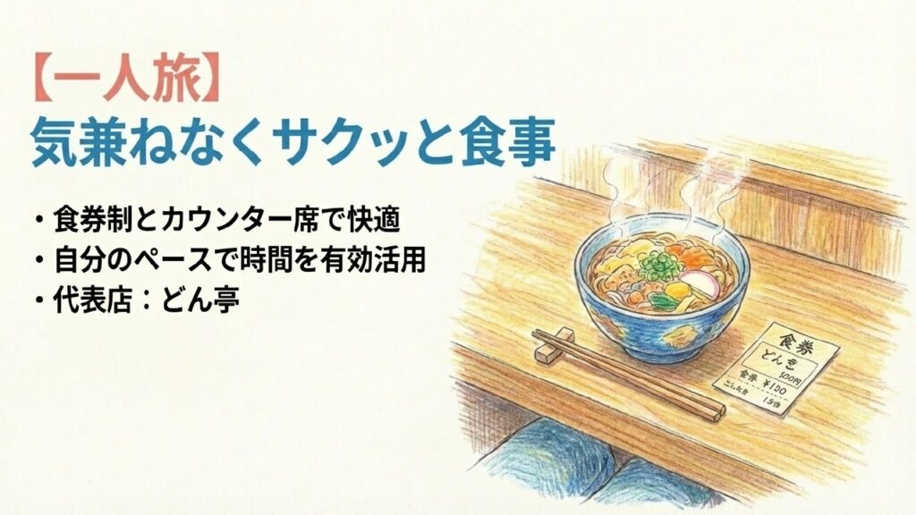 一人旅でも気兼ねなくサクッと食事ができる食券制とカウンター席