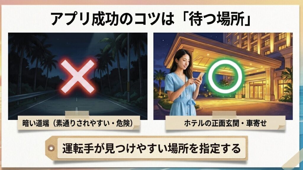 恩納村でタクシーが捕まらない理由と対策まとめ 8 配車アプリでタクシーを呼ぶ際に失敗しない待ち場所(ホテル正面玄関など)の選び方