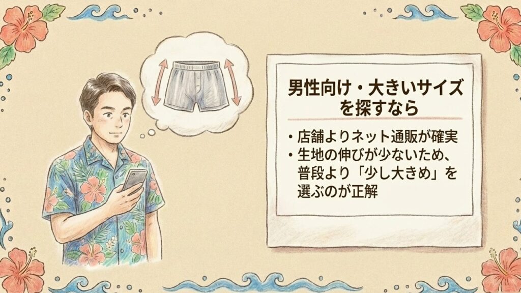 男性向けや大きいサイズを探すなら店舗よりネット通販が確実。生地の伸びが少ないため少し大きめを選ぶのが正解