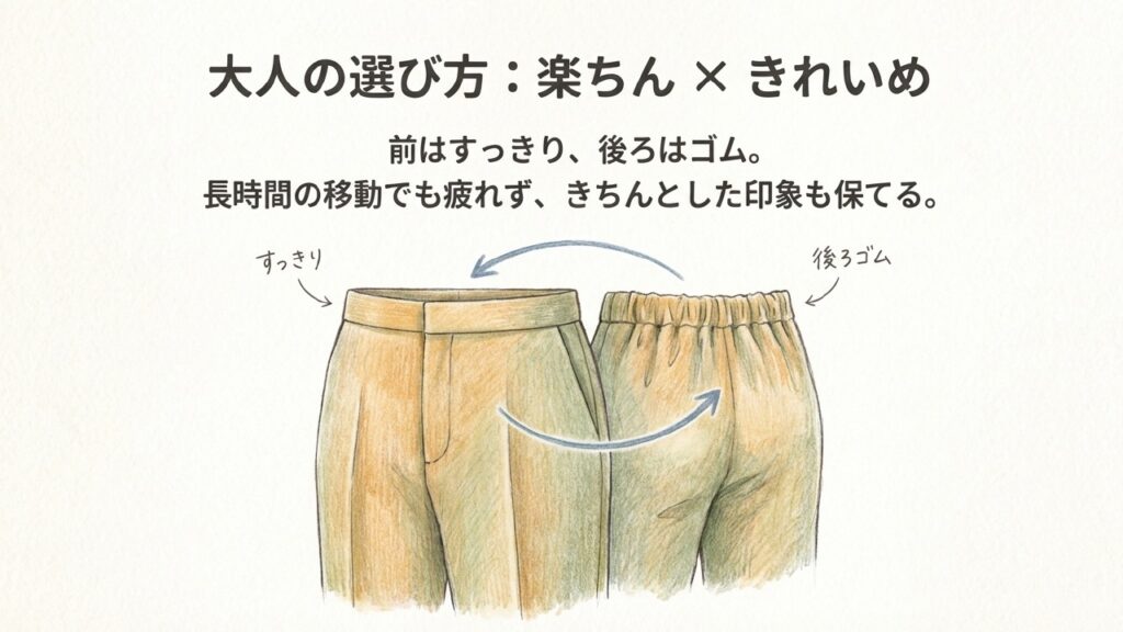 前はすっきり見えて後ろはゴムになっている快適なデザインのズボン