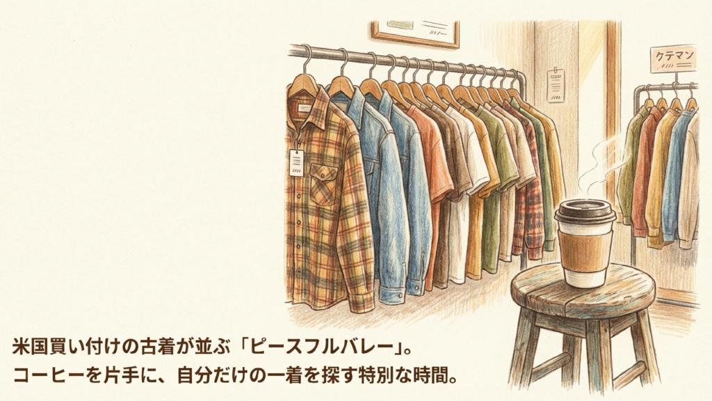 古着屋ピースフルバレー 米国買い付けの古着が並ぶ「ピースフルバレー」の店内イメージ