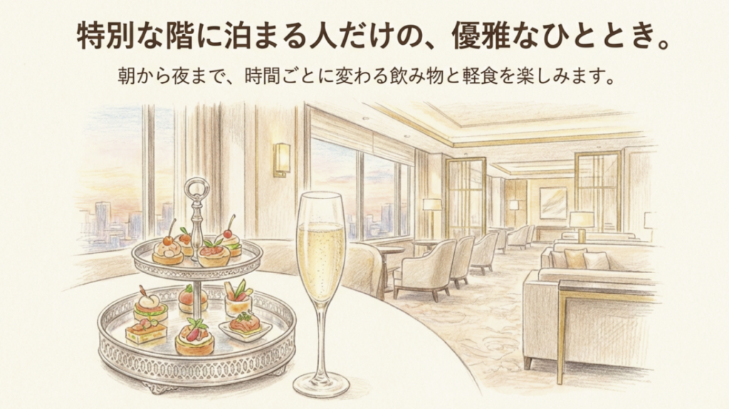 洗練されたラウンジでシャンパンと軽食を楽しむ優雅な時間のイラスト。