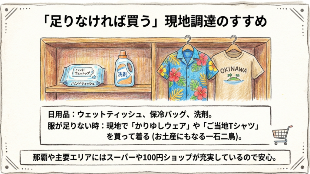 沖縄現地での日用品調達とご当地Tシャツの購入