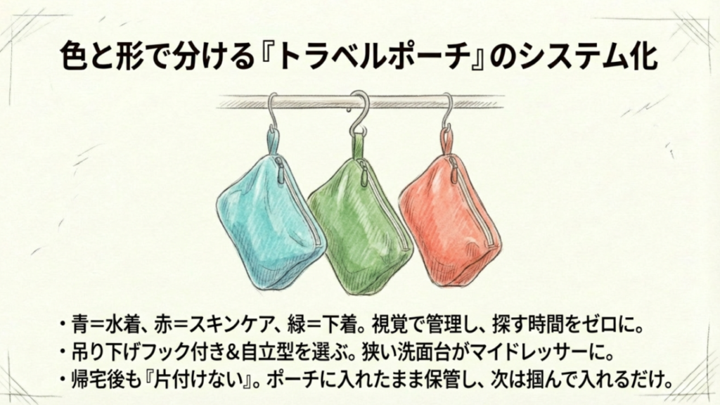 色と形で分けるトラベルポーチのシステム化