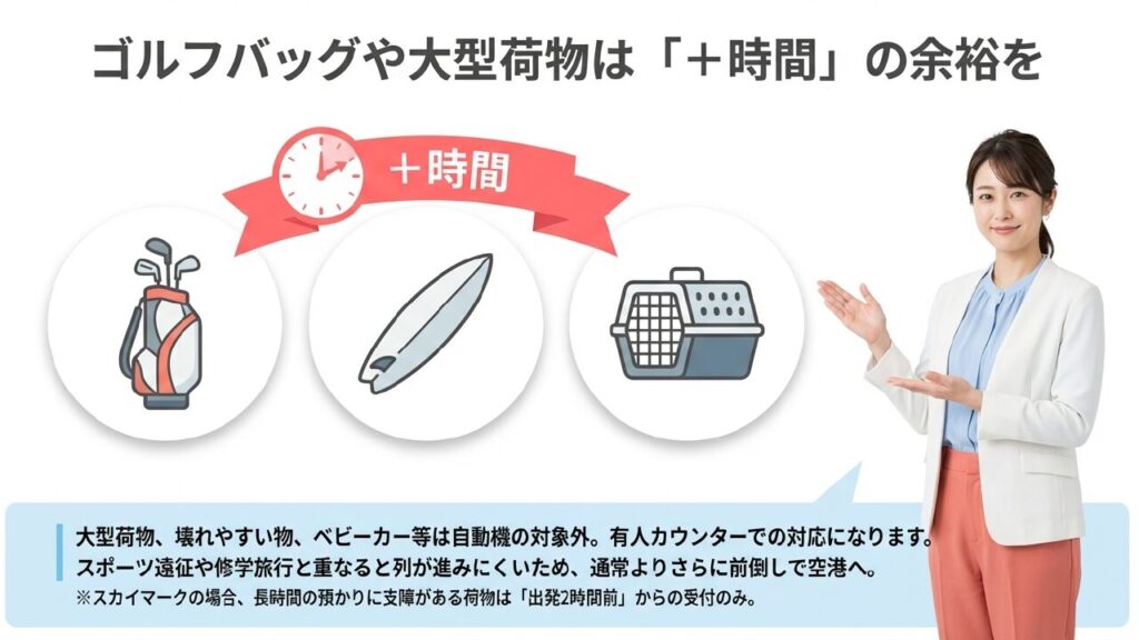 那覇空港の荷物預けは何時間前から可能?各社の規定と賢い過ごし方 11 ゴルフバッグや大型荷物は自動機対象外のため時間に余裕を持つ