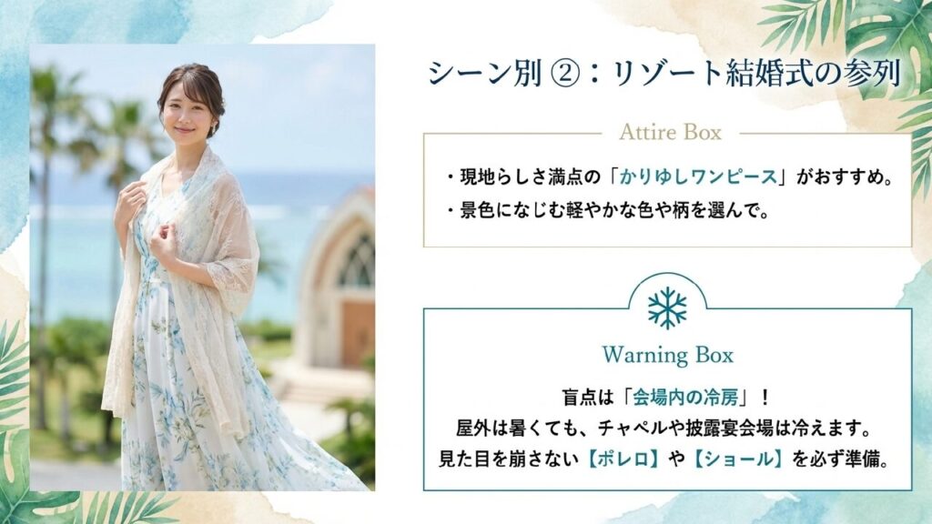 沖縄リゾートウェディングの参列コーディネート リゾート結婚式参列におすすめのかりゆしワンピース