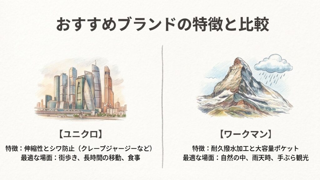 都会のビル群と雨が降る山の風景による着用シーンの比較