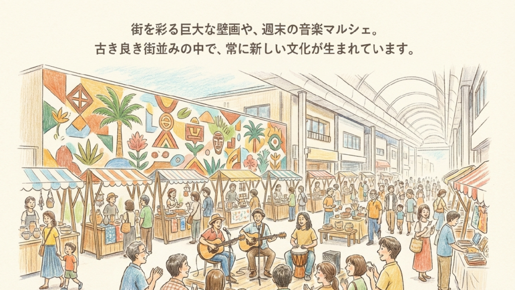 街を彩る壁画とマルシェ 巨大な壁画と週末の音楽マルシェで賑わうパークアベニュー