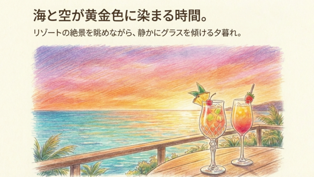 海と空が黄金色に染まる中、リゾートの絶景を眺めながら静かにグラスを傾ける夕暮れ。