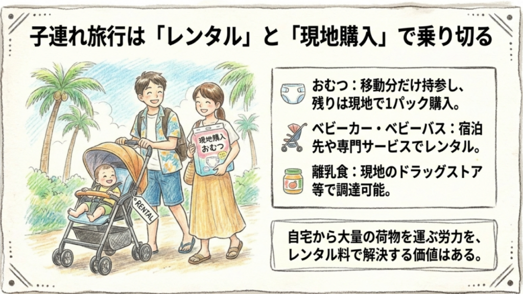 子連れ旅行でのベビーカーレンタルやおむつの現地購入