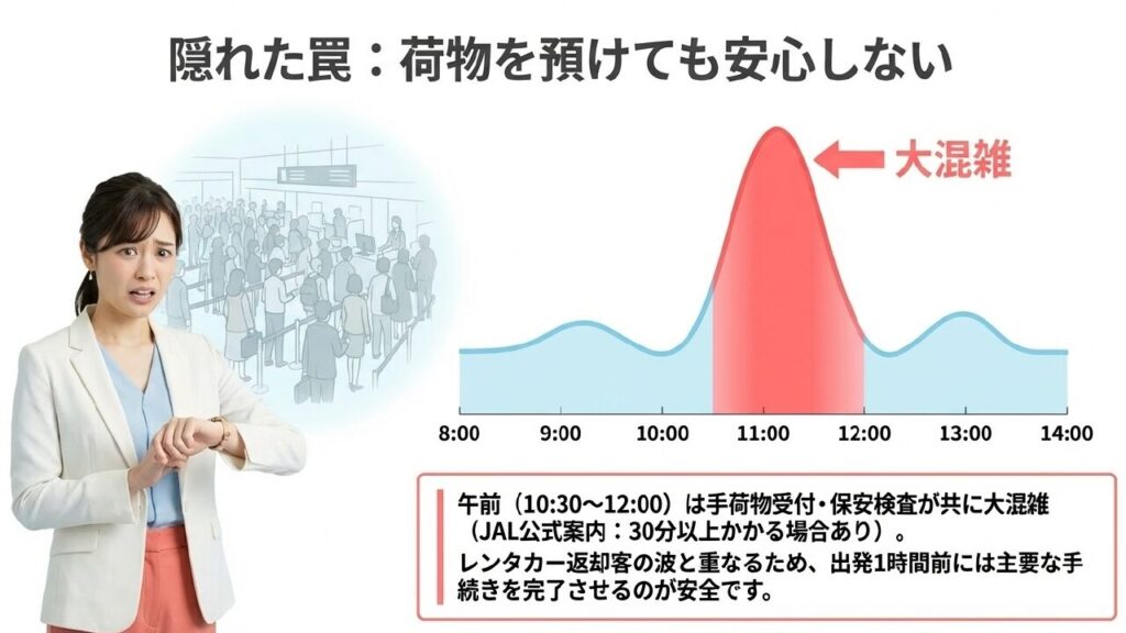 那覇空港の荷物預けは何時間前から可能?各社の規定と賢い過ごし方 7 那覇空港の午前10時30分から12時は手荷物受付と保安検査が大混雑