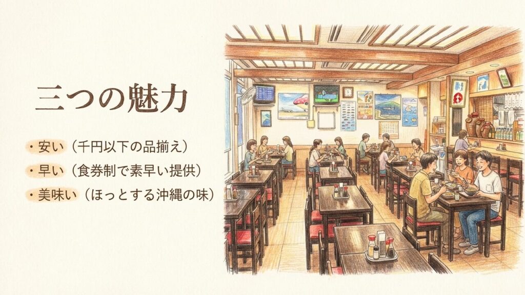 空港食堂の三つの魅力（安い、早い、美味い）と店内の様子