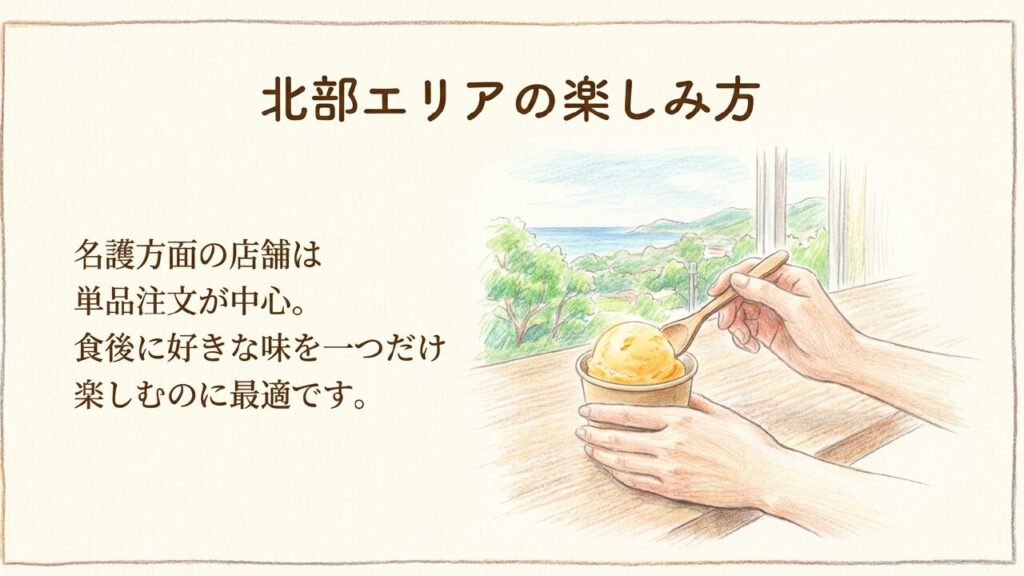 北部エリアの単品注文 名護方面など北部エリアの店舗は単品注文が中心であることの解説