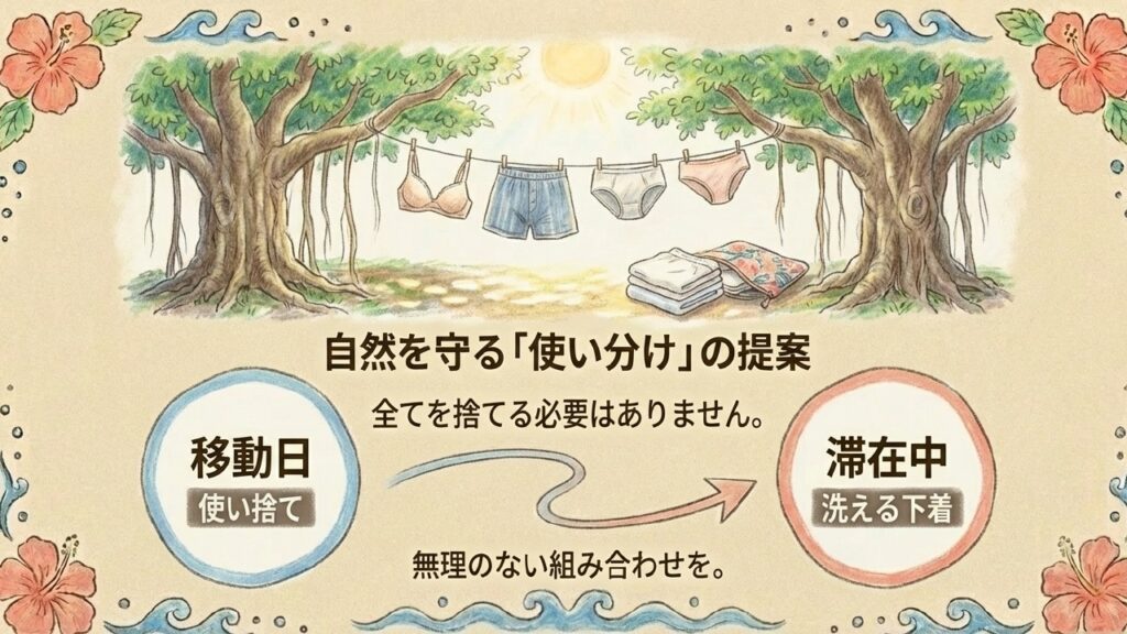全てを捨てる必要はなく、移動日は使い捨て、滞中は洗える下着といった無理のない組み合わせの提案