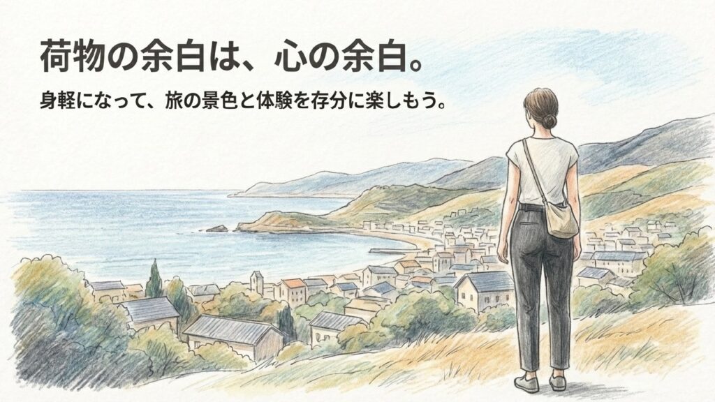見晴らしの良い景色を眺めながら身軽な服装で旅行を楽しむ女性