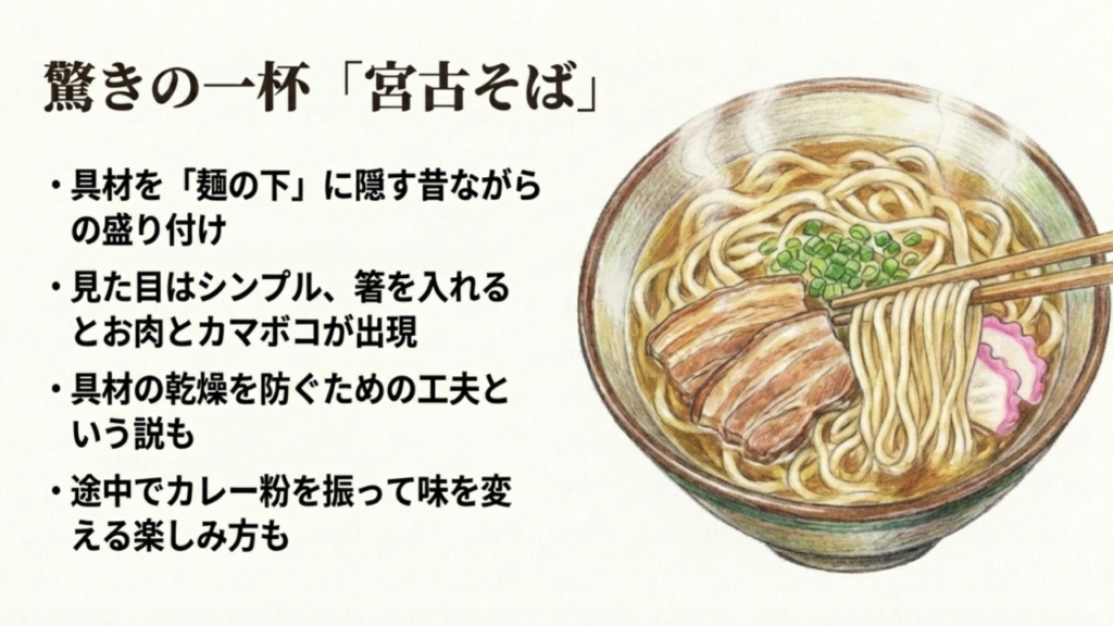 具材を麺の下に隠して提供するユニークな宮古そば