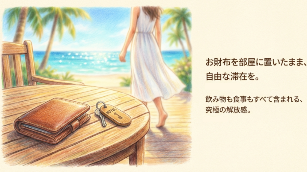 テーブルに置かれた財布と鍵。お財布を部屋に置いたまま自由な滞在を楽しむオールインクルーシブの象徴。