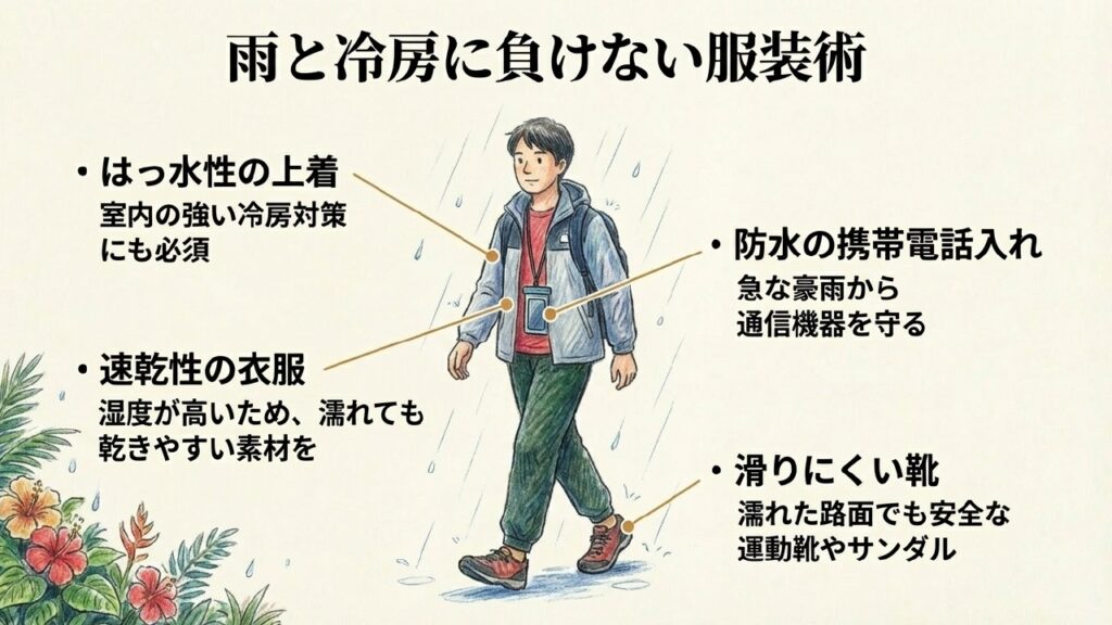 沖縄の雨と冷房に負けない服装術やおすすめの持ち物