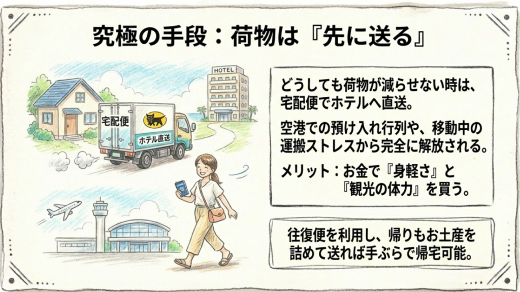 重いスーツケースを事前配送でホテルへ直接送る宅配サービスの図解