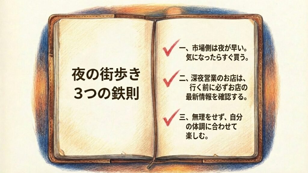 夜の街歩き3つの鉄則：市場側は夜が早い、深夜営業店は最新情報を確認、体調に合わせるという注意点
