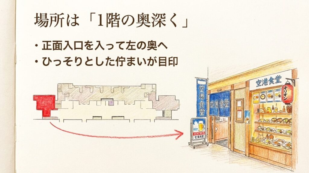 空港食堂の場所は1階の奥深く。正面入口を入って左の奥へ