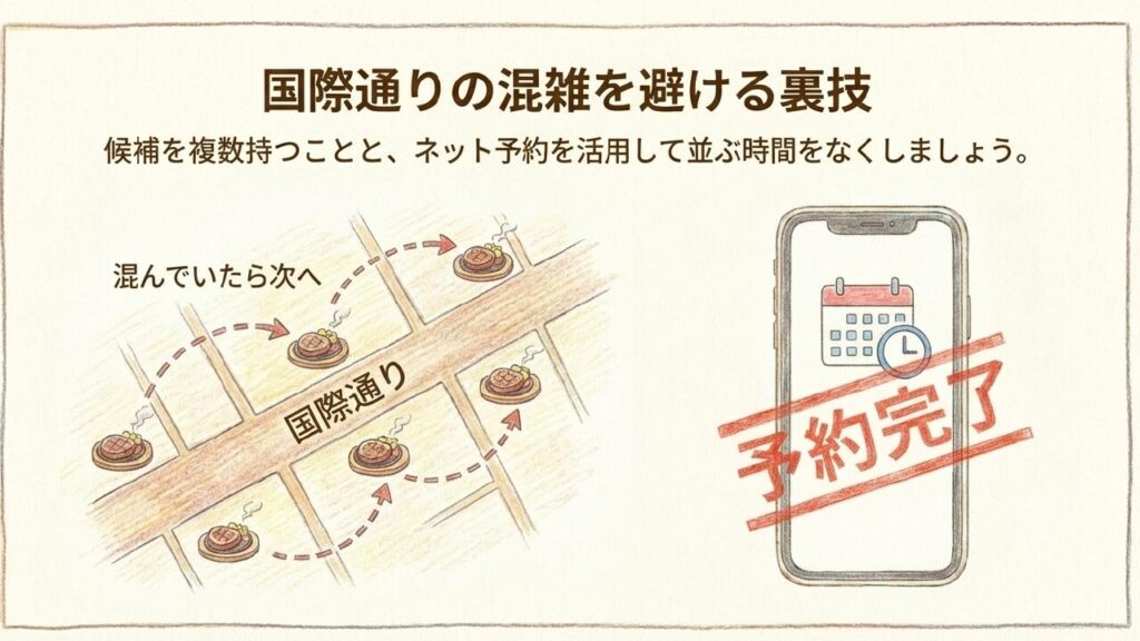 国際通りの混雑回避とネット予約 国際通りで混雑を避けるために複数候補を持ちネット予約を活用する裏技