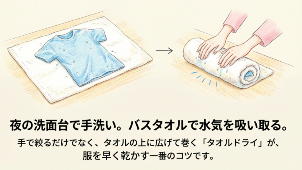 夜の洗面台で手洗いした後にバスタオルで水気を吸い取るタオルドライのコツ