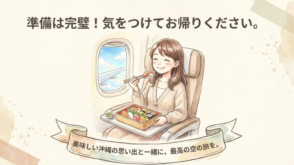 最高の空の旅を 飛行機の機内で美味しい沖縄のお寿司を食べる女性