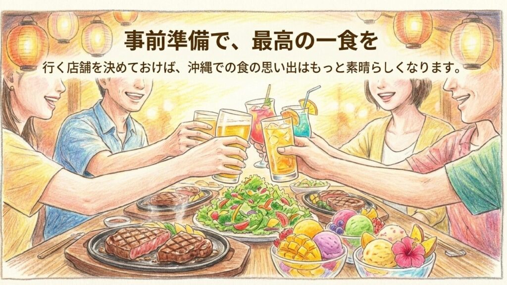 事前準備で最高の一食を 行く店舗を決めて沖縄での食の思い出を素晴らしいものにする家族の乾杯イラスト