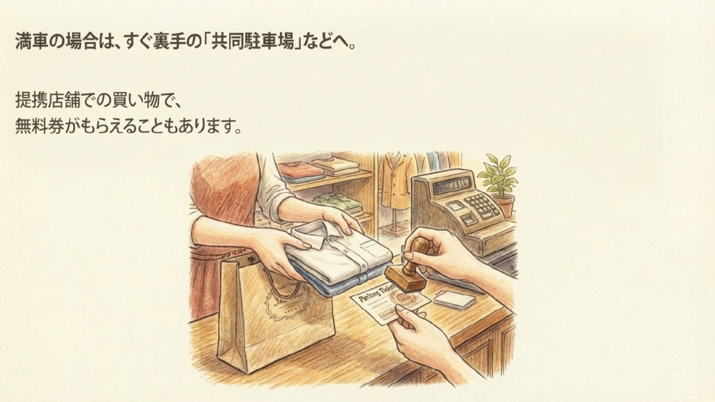提携駐車場の無料券サービス 提携店舗での買い物でもらえる駐車無料券のイメージ