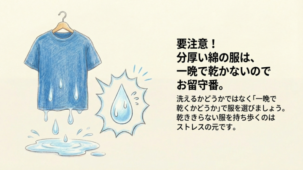 分厚い綿の服は一晩で乾かないため旅行には不向きという注意喚起