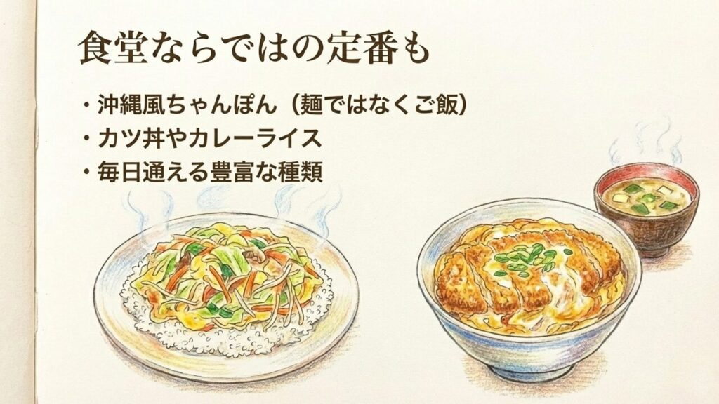 食堂ならではの定番メニュー（ちゃんぽん、カツ丼、カレーライスなど）